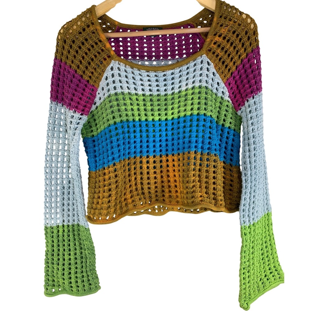 Striped open cotton Crochet Sweater S Cotton Boho Festival Hippie Womens Twee
